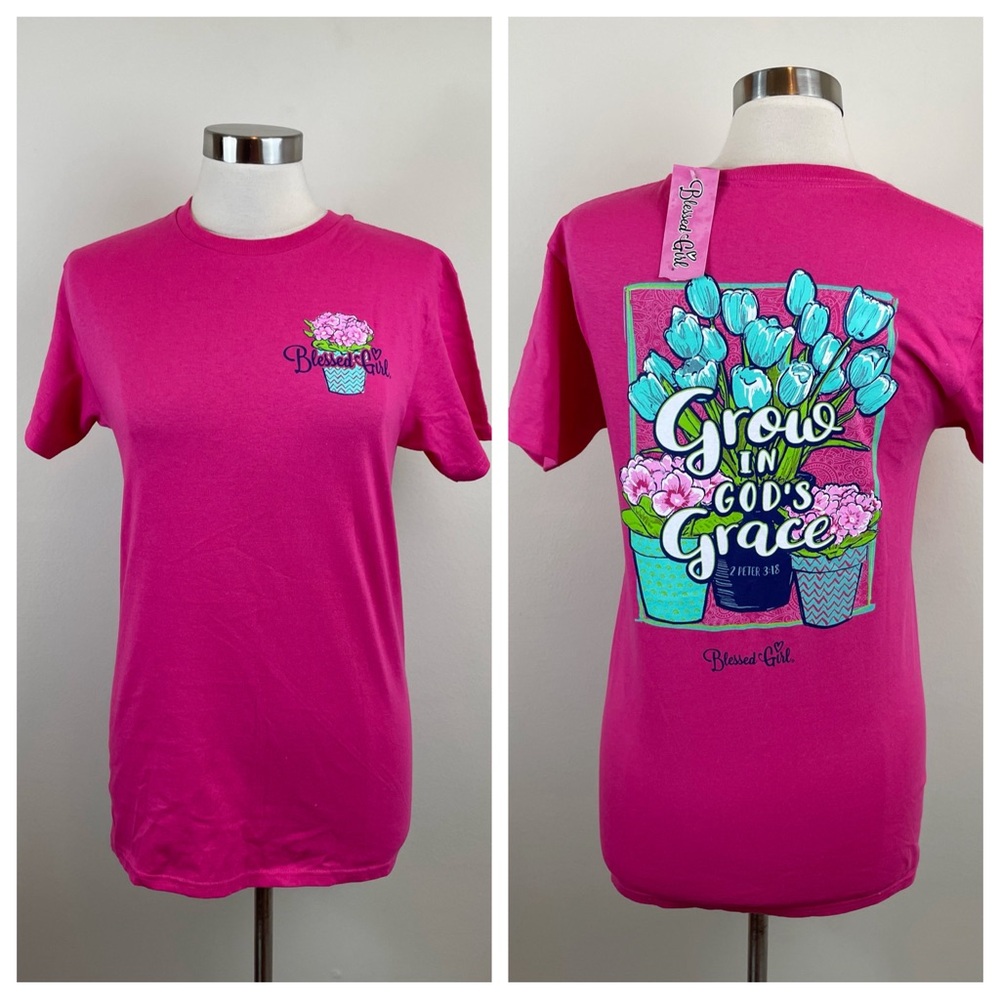Blessed Girl Hot Pink God's Grace Floral Tee Shirt New Women Size Small
